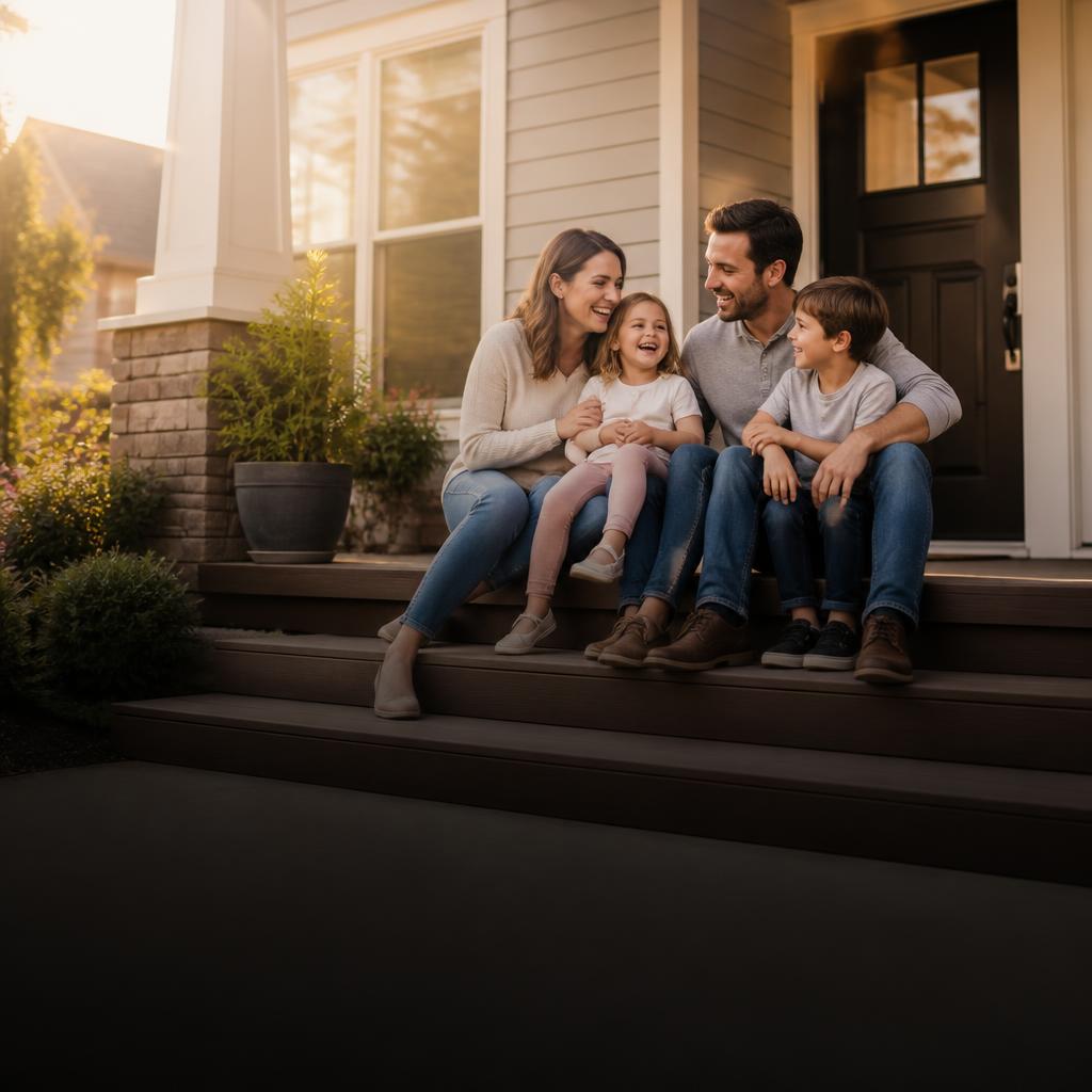 Young family laughing together on their front porch